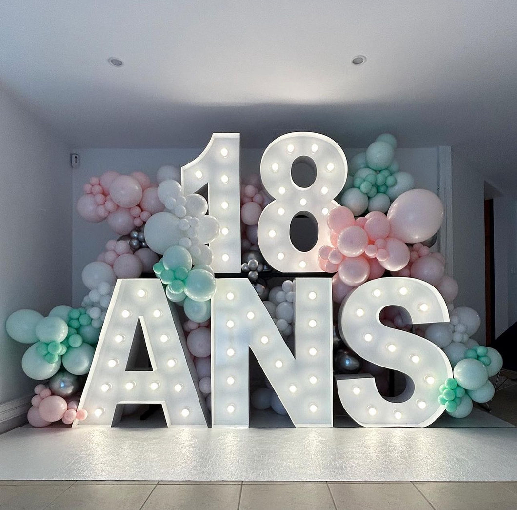 Decoration d'anniversaire 18 ans avec chiffres géants et arches de ballons